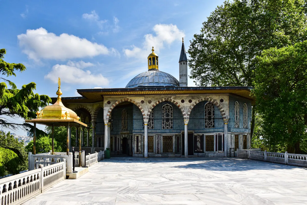 Ottoman pavilion with a golden canopy on a marble terrace at Topkapı Palace