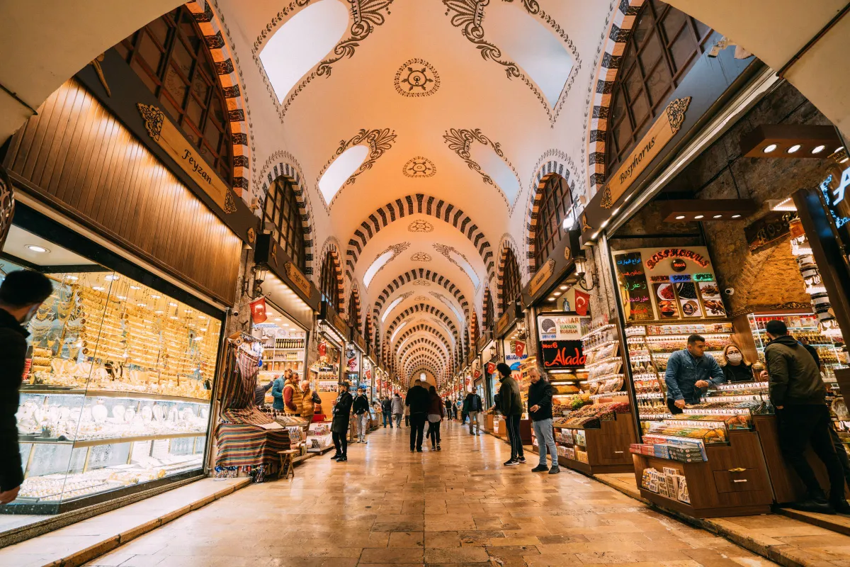 Painted vaults and jewellery shops inside the Grand Bazaar in Istanbul